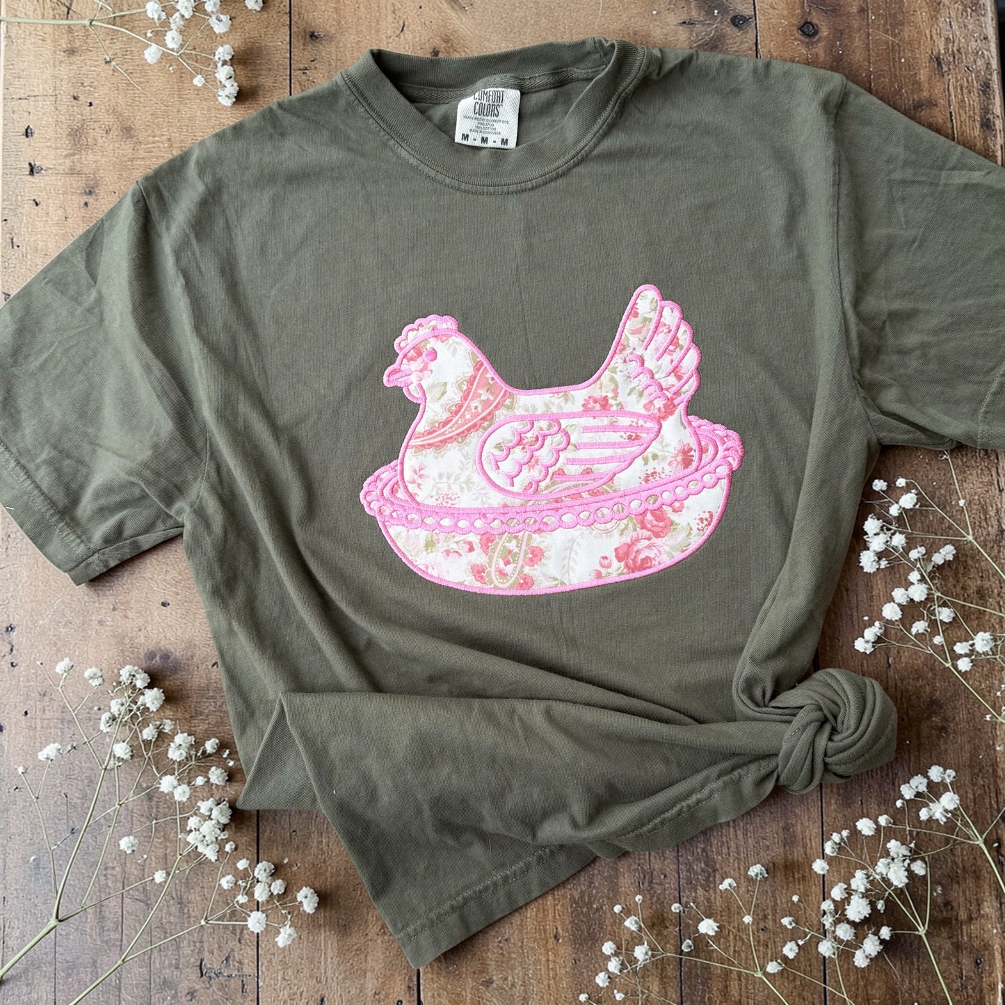 Floral Hen Embroidered Tee – Olive Shirt
