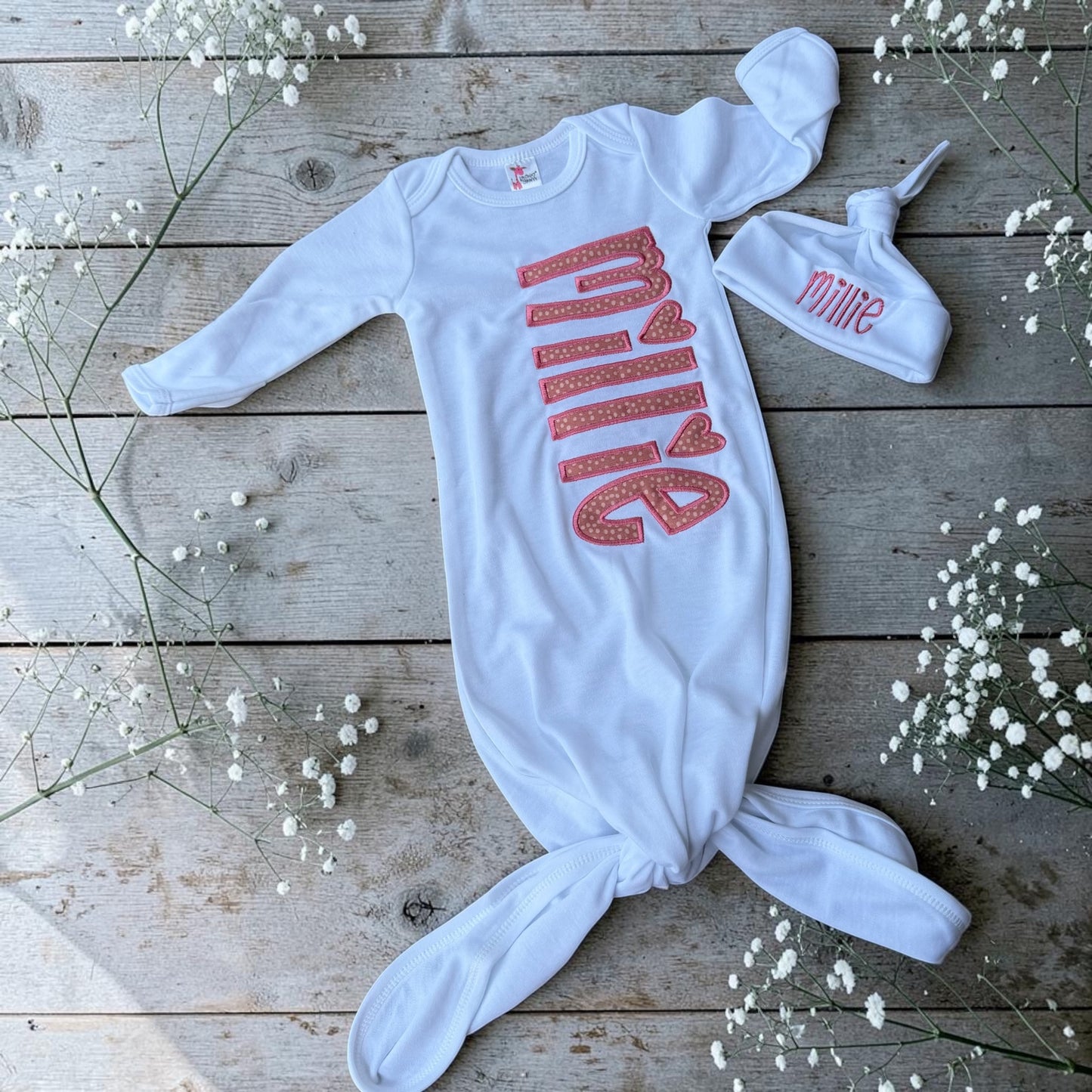 Personalized Baby Knotted Gown & Hat Set