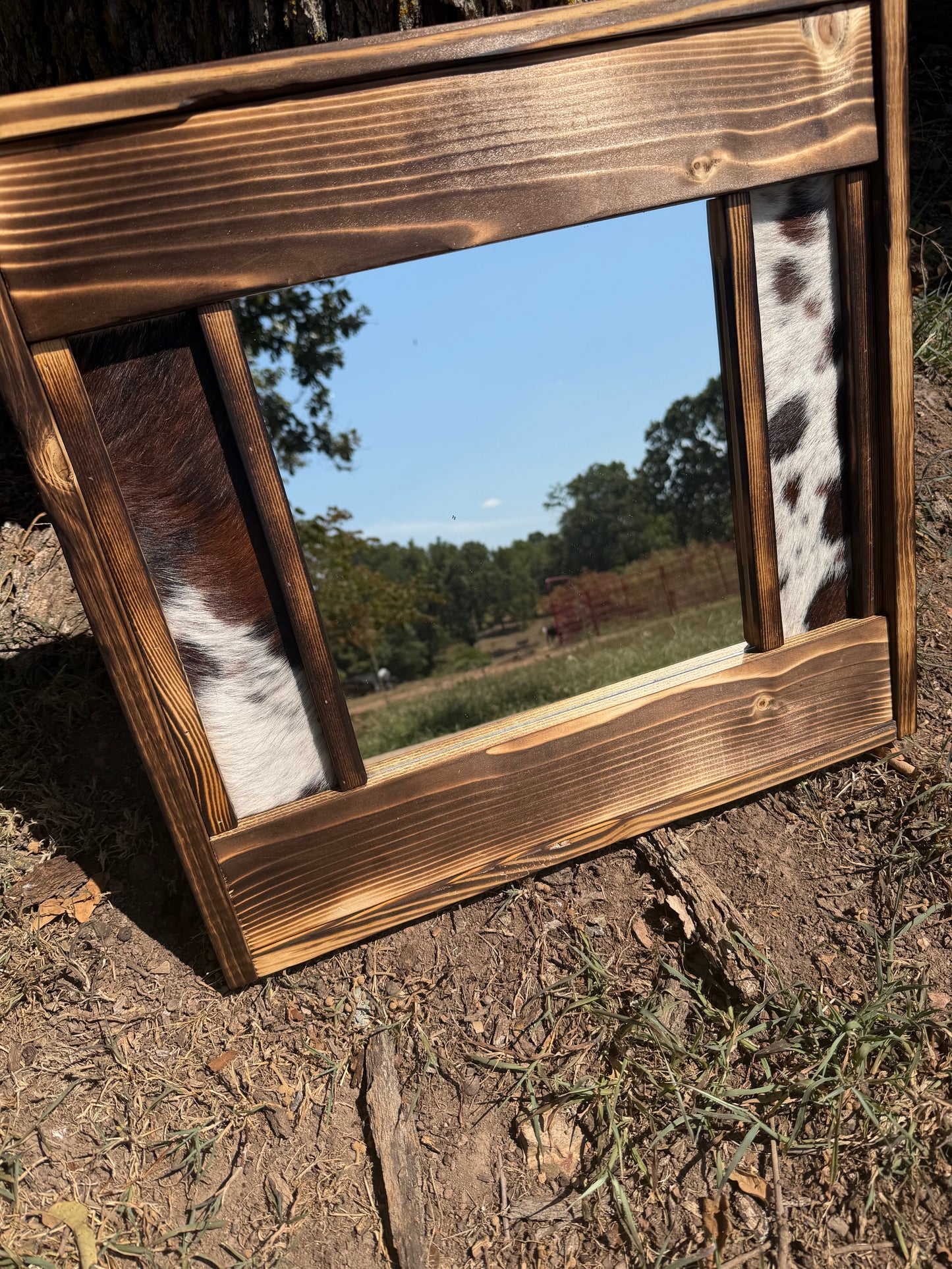 Handmade Western Cowhide & Burned Wood Mirror