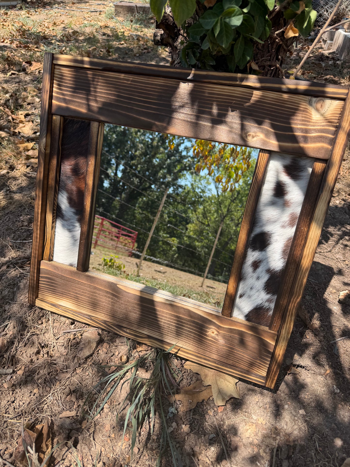 Handmade Western Cowhide & Burned Wood Mirror