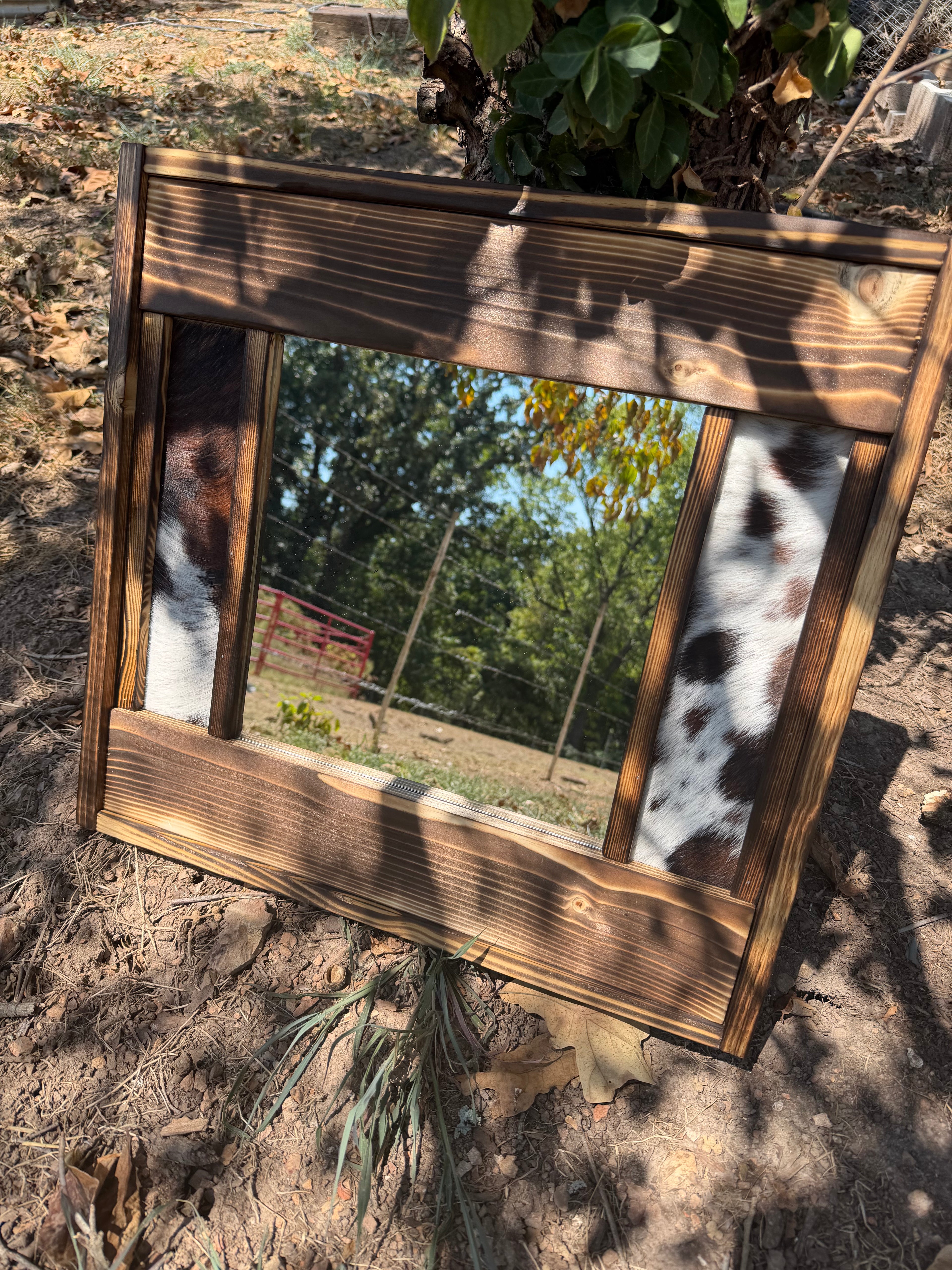 Handmade Western Cowhide & Burned Wood Mirror