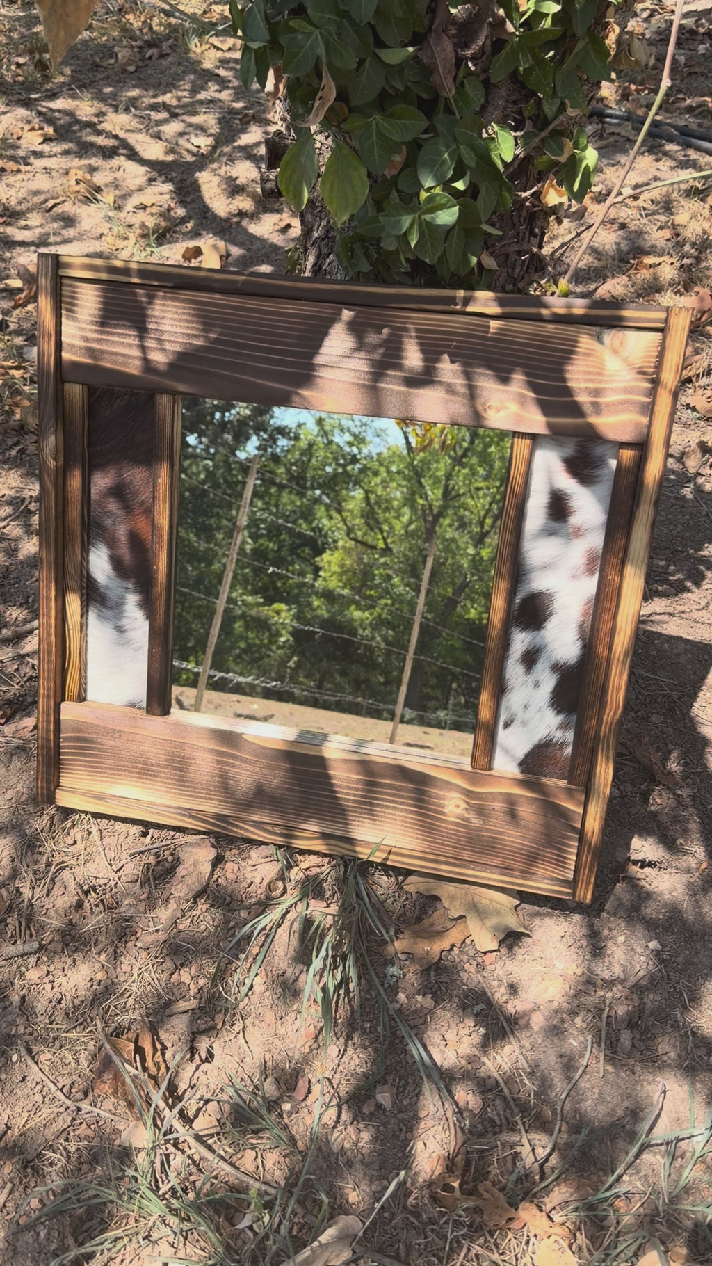 Handmade Western Cowhide & Burned Wood Mirror